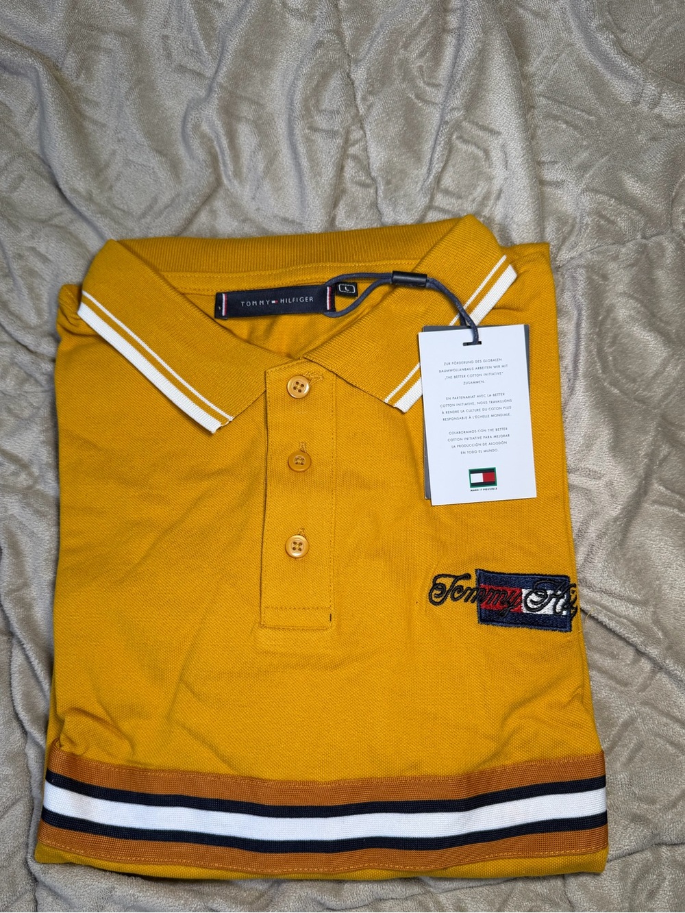 Tommy Hilfiger Men's Golden Yellow Long Sleeve Polo with Contrast Stripes